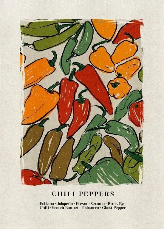 A vibrantly illustrated DecorBites™ kitchen gallery wall print featuring multicolored chili peppers on textured paper