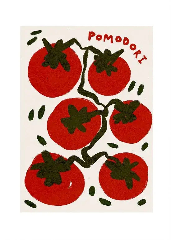 A vibrant red tomato illustration with dark green stems featured in DecorBites™ kitchen gallery wall prints for foodies