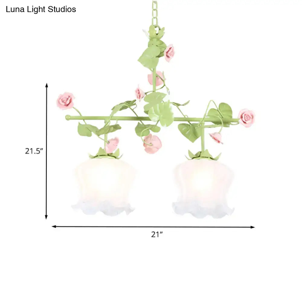 Decorbites™ korean garden hanging light fixture features a pastel pink and green floral chandelier with two frosted glass shades and standard bulb base