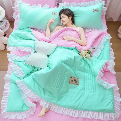 Decorbites™ korean princess ruffles quilt set featuring a mint green summer quilt with pink and white ruffled edges