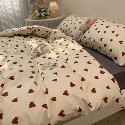 Cream-colored duvet cover with red heart patterns from decorbites korean style bedding set twin to queen sizes