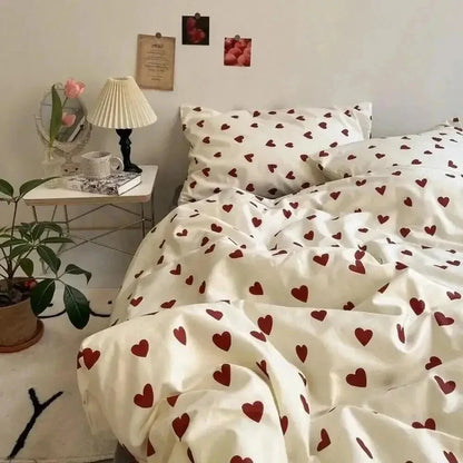 White duvet cover with red heart pattern in decorbites™ korean style bedding set for twin to queen sizes
