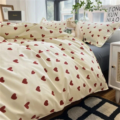 Cream-colored Korean style duvet cover with scattered red heart patterns from DecorBites bedding set collection