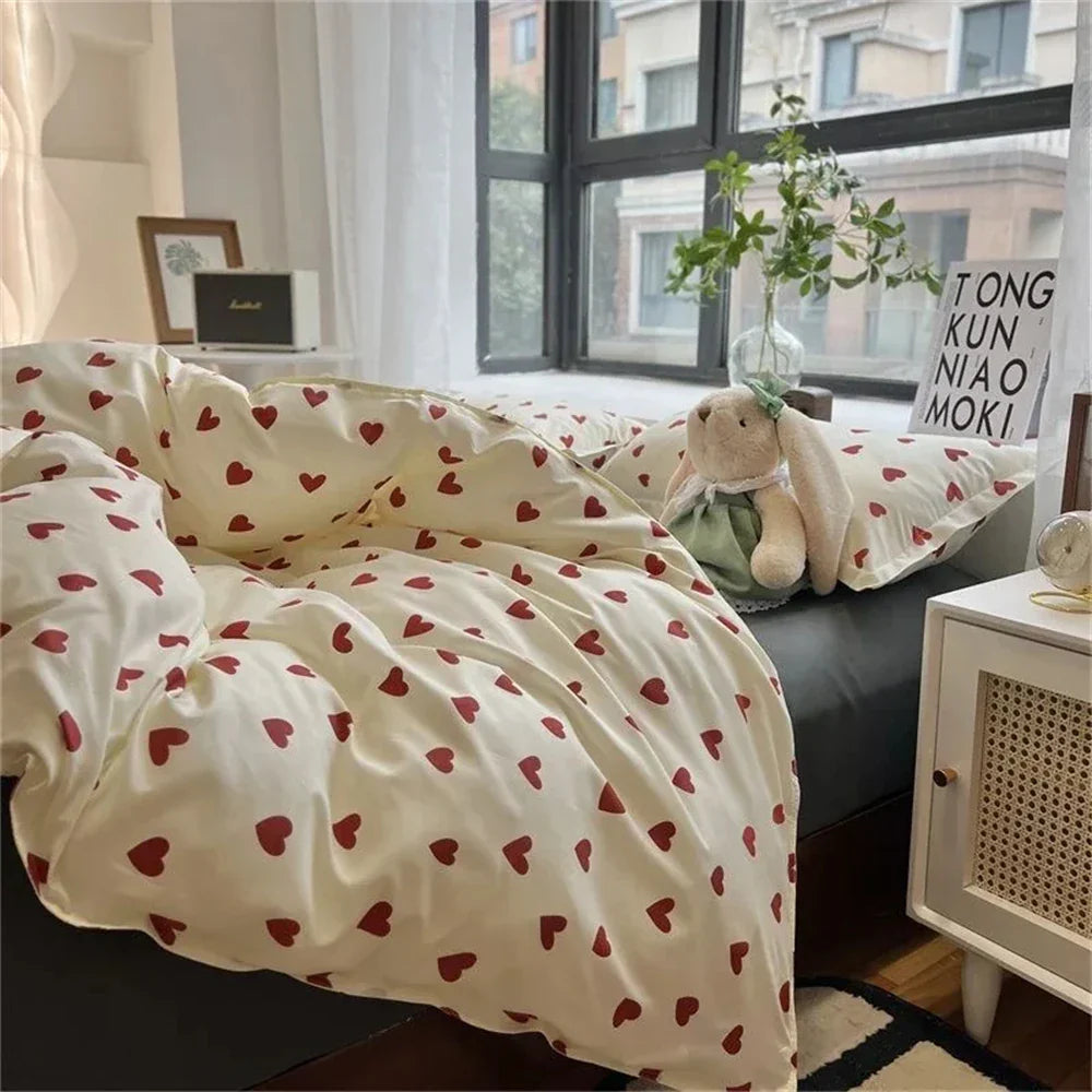 Cream-colored korean style duvet cover with red heart patterns in soft fabric for cozy bedding set twin to queen sizes