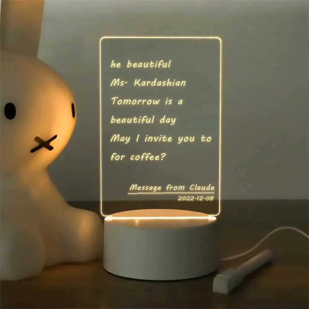 A glowing translucent led message board lamp in white for desk decoration usb dc5v with personalized text and date display