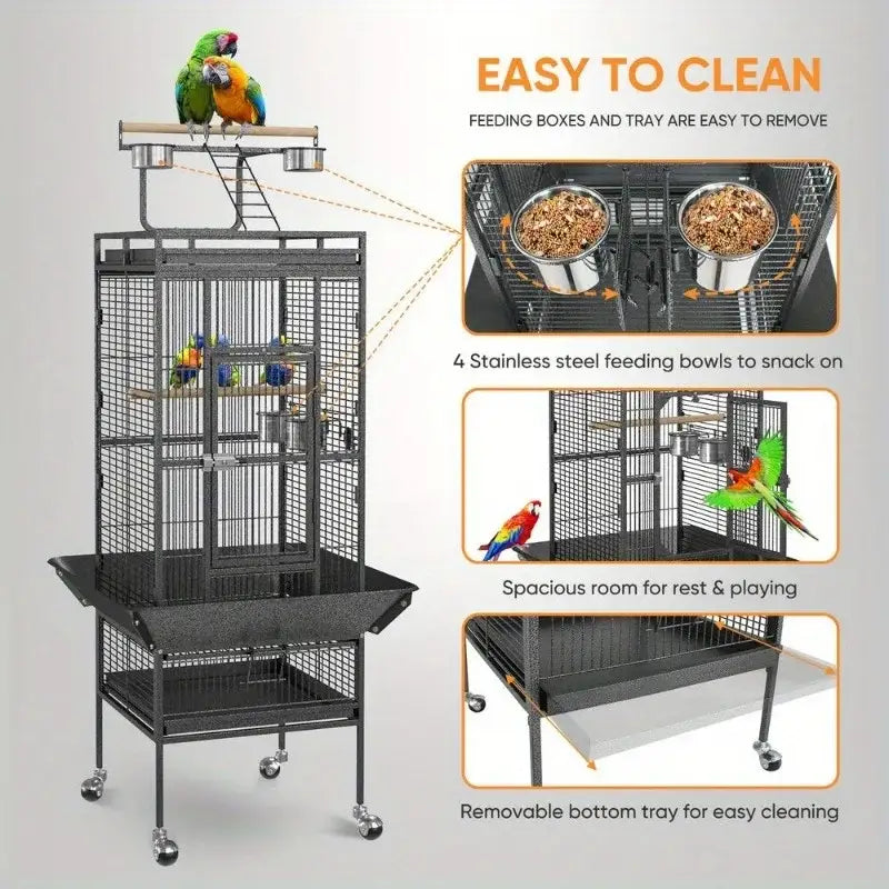 Black metal large bird cage with wheels and multiple levels for parrots made of non-toxic steel by DecorBites