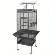 Black metal large bird cage with wooden perches and feeding stations on wheeled stand by decorbites steel frame