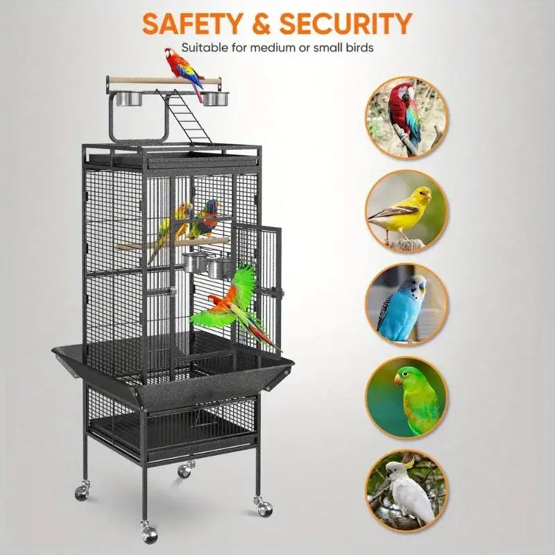 Black large bird cage by DecorBites™ with multiple levels, perches, and food bowls made of non-toxic steel