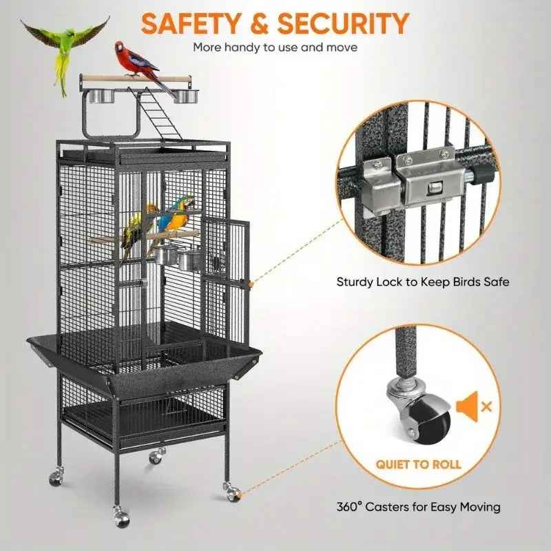 Black metal large bird cage with wheels and sturdy lock made of non-toxic steel for easy assembly by decorbites