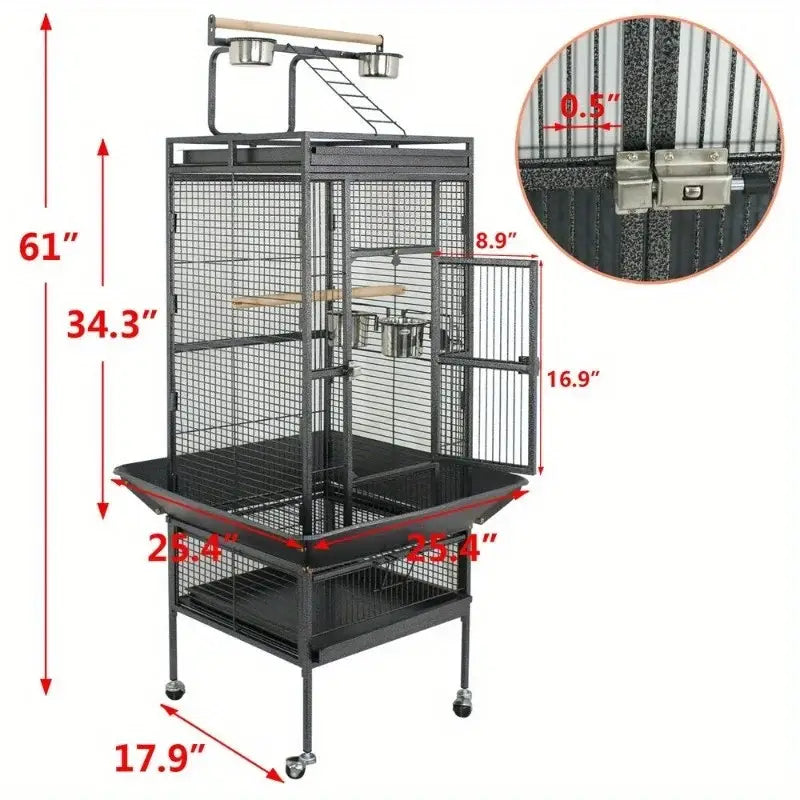 Black metal large bird cage with sliding door perches and food bowls on top made of non toxic steel by DecorBites