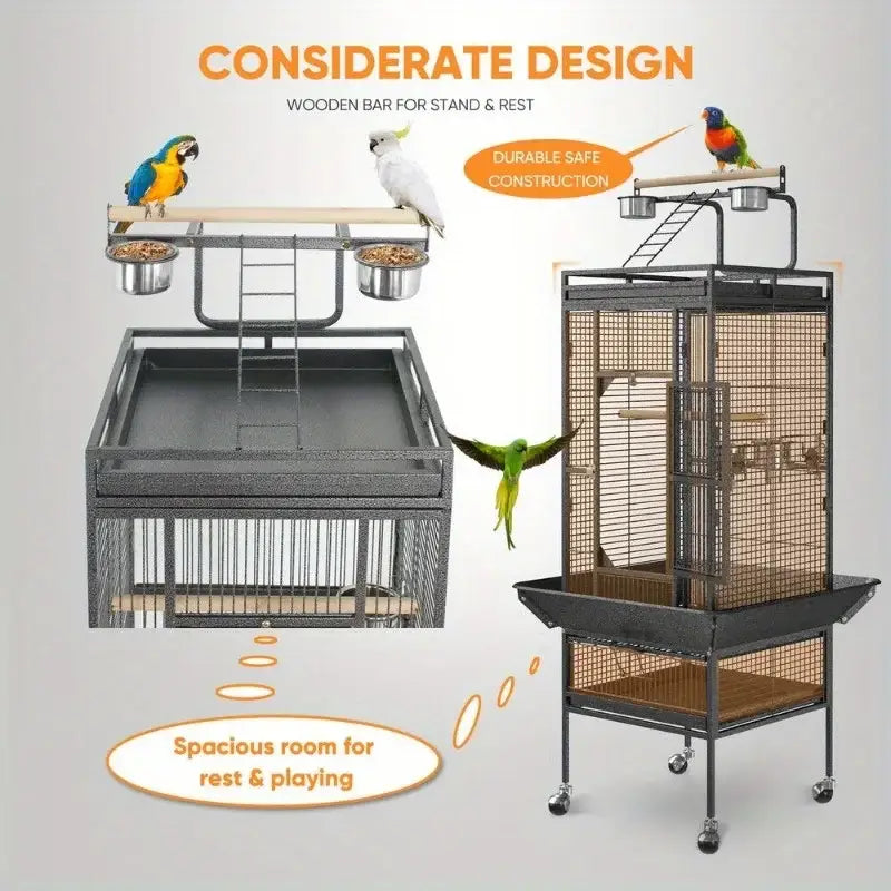 DecorBites™ large 61 inch black metal bird cage with wooden perches food bowls ladder and wheels for mobility