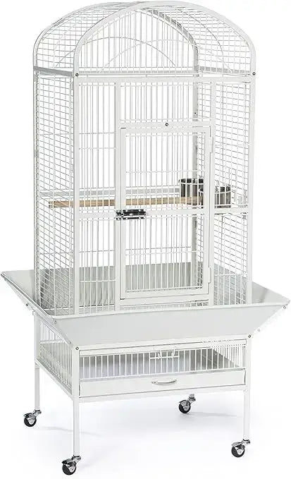 Large chalk white metal bird cage with arched top sliding door and wheeled base by decorbites