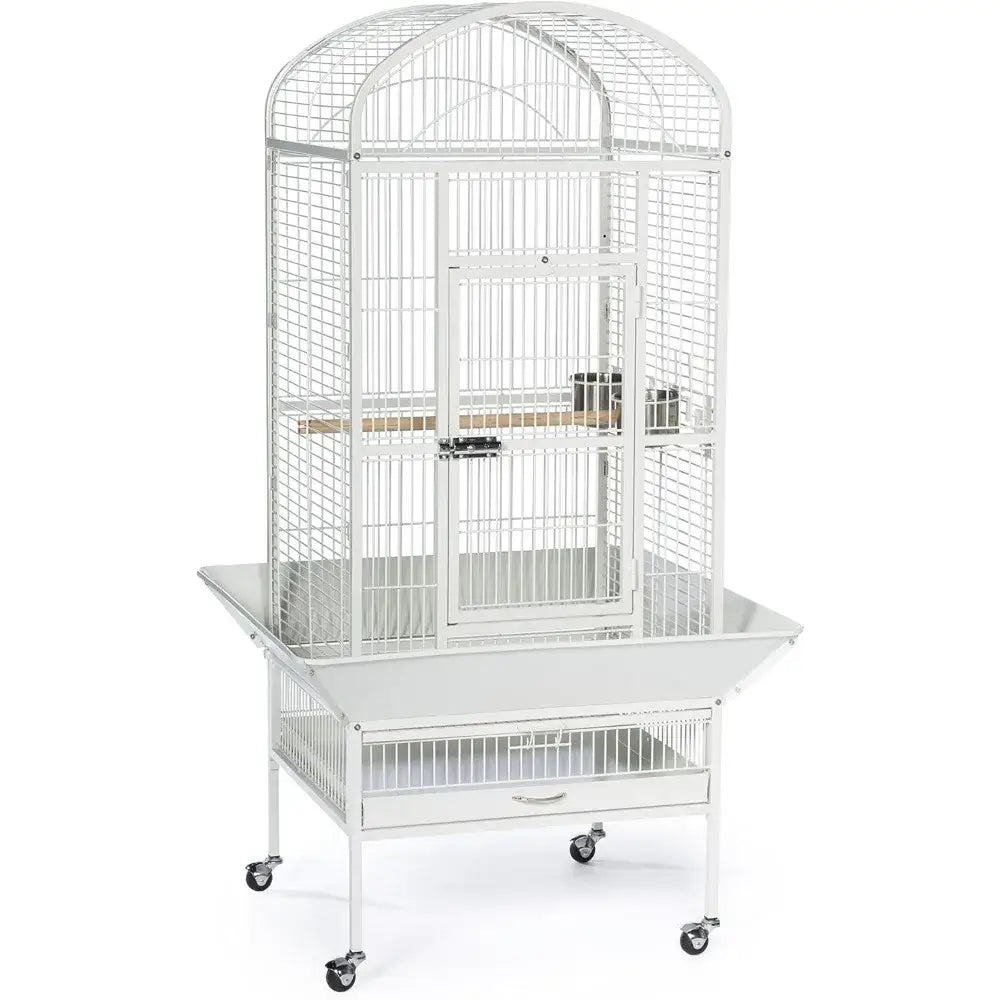 Decorbites large chalk white bird cage with arched top, white metal, wooden perch, and tray base on wheels