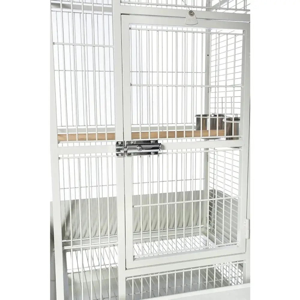 DecorBites™ large chalk white bird cage made of white metal with sliding door and wooden perches