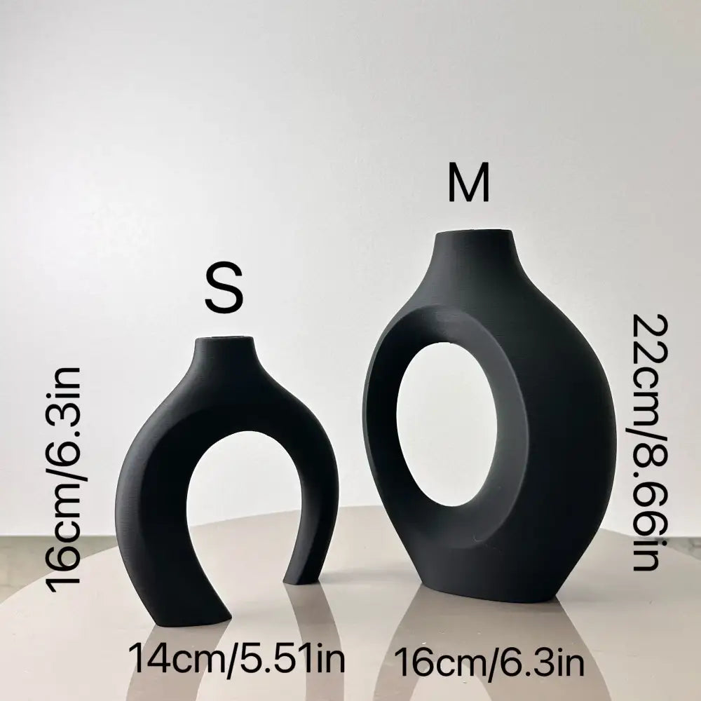 DecorBites™ large dried vase set of black matte ceramic vases with modern oval cutout for home and office decor