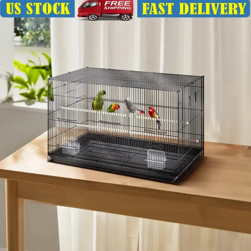 Black large metal bird cage by DecorBites with multiple perches and food containers for cockatiels and parakeets