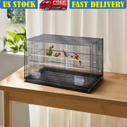 Black large metal bird cage by DecorBites with multiple perches and food containers for cockatiels and parakeets