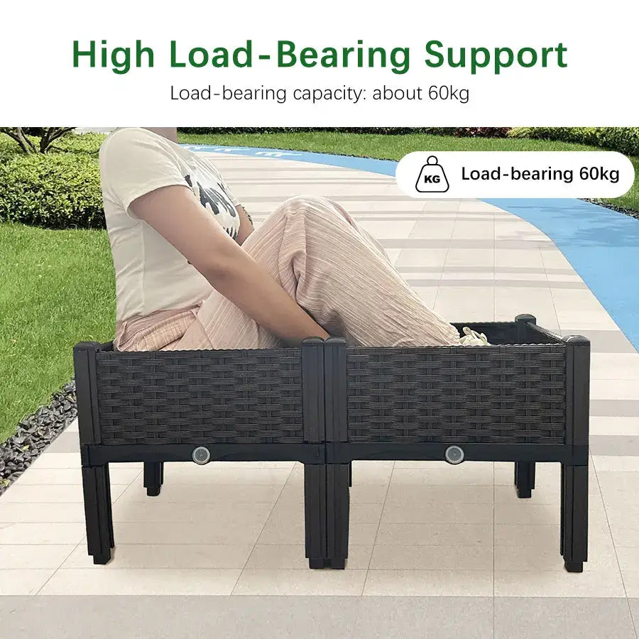 Black woven resin large flower pot with sturdy legs and high load-bearing support for outdoor gardening by DecorBites