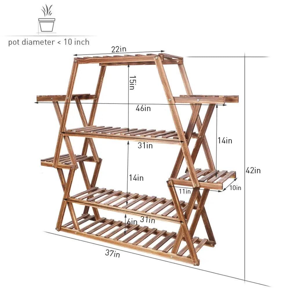 Brown wood folding DecorBites large wood flower rack plant stand with multiple slatted shelves for plants