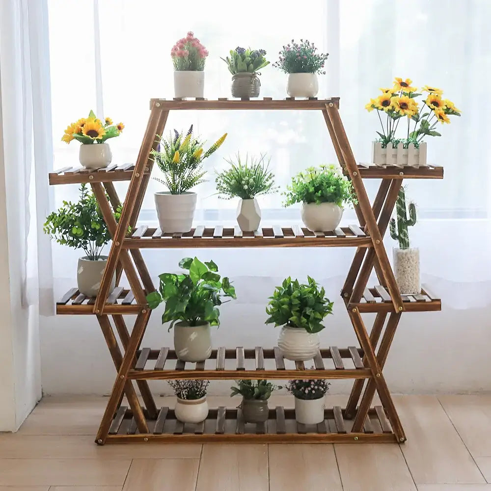 DecorBites™ large wood flower rack plant stand with four-tiered triangular foldable slatted shelves for plants