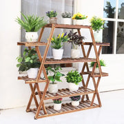 Decorbites™ large wood flower rack plant stand with rustic a-frame design holding white ceramic potted plants