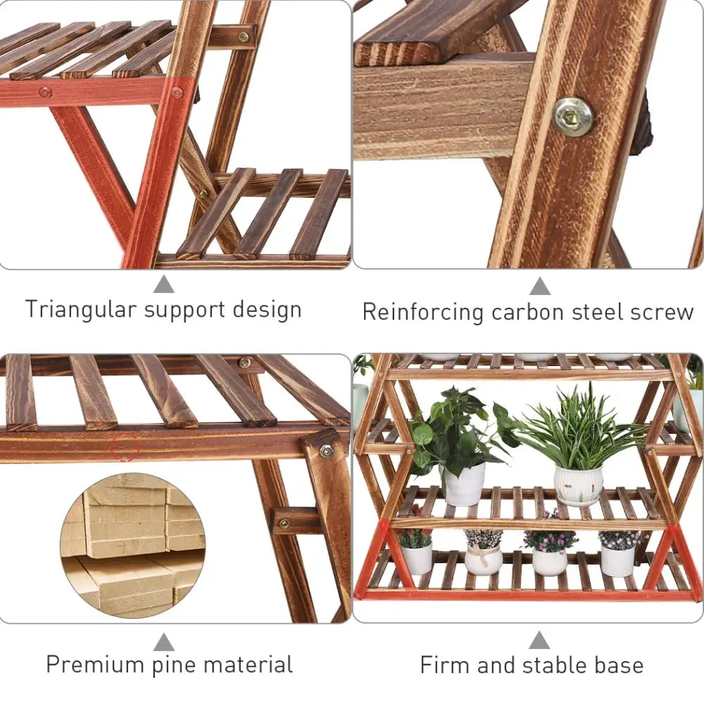 Decorbites™ large wood flower rack plant stand with two tiers, triangular support, and carbon steel screws made from pine