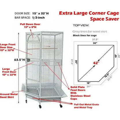 DecorBites large wrought iron parrot cage with silver metal bars, solid feed doors, and stainless steel rolling tray