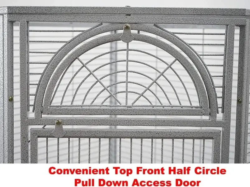 Gray wrought iron parrot cage with arched front door and decorative lattice design for flight bird housing