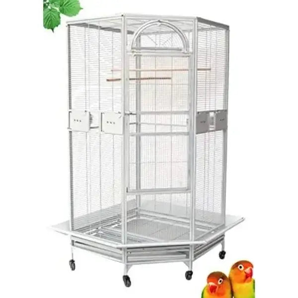 Silver wrought iron parrot cage with arched top, multiple perches, sliding doors, and rolling base for flight birds
