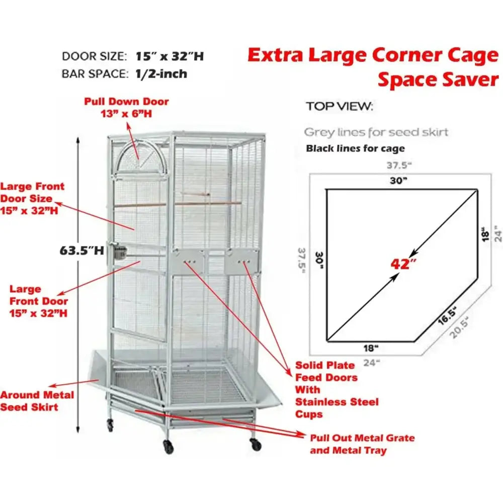 Silver wrought iron large parrot cage with pull-down doors solid plate feeders and wheeled rolling base for flight bird use