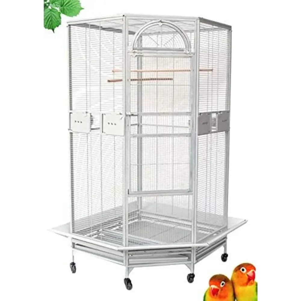 Silver wrought iron parrot cage with arched top wooden perches and rolling base for flight bird housing