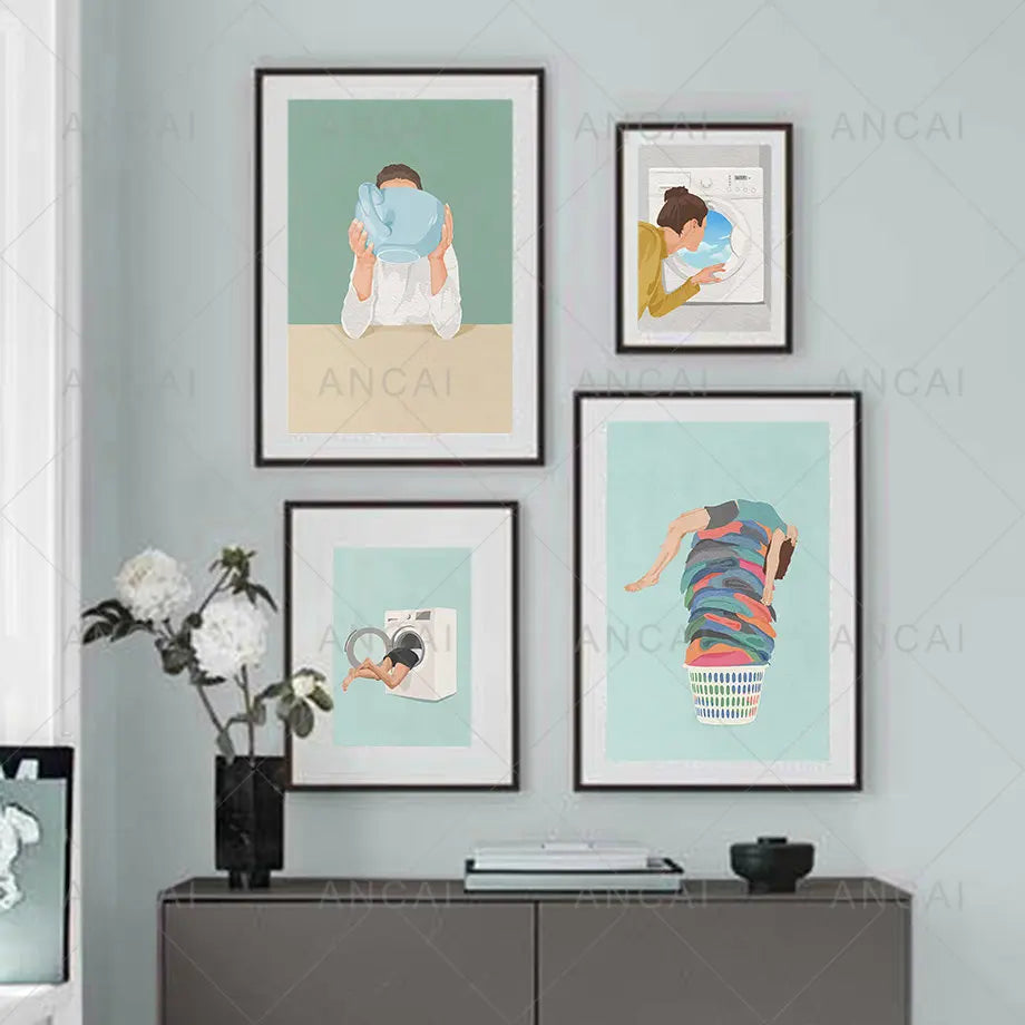 Set of four black framed laundry girl wall art posters with minimalist nordic design ideal for canvas painting decor