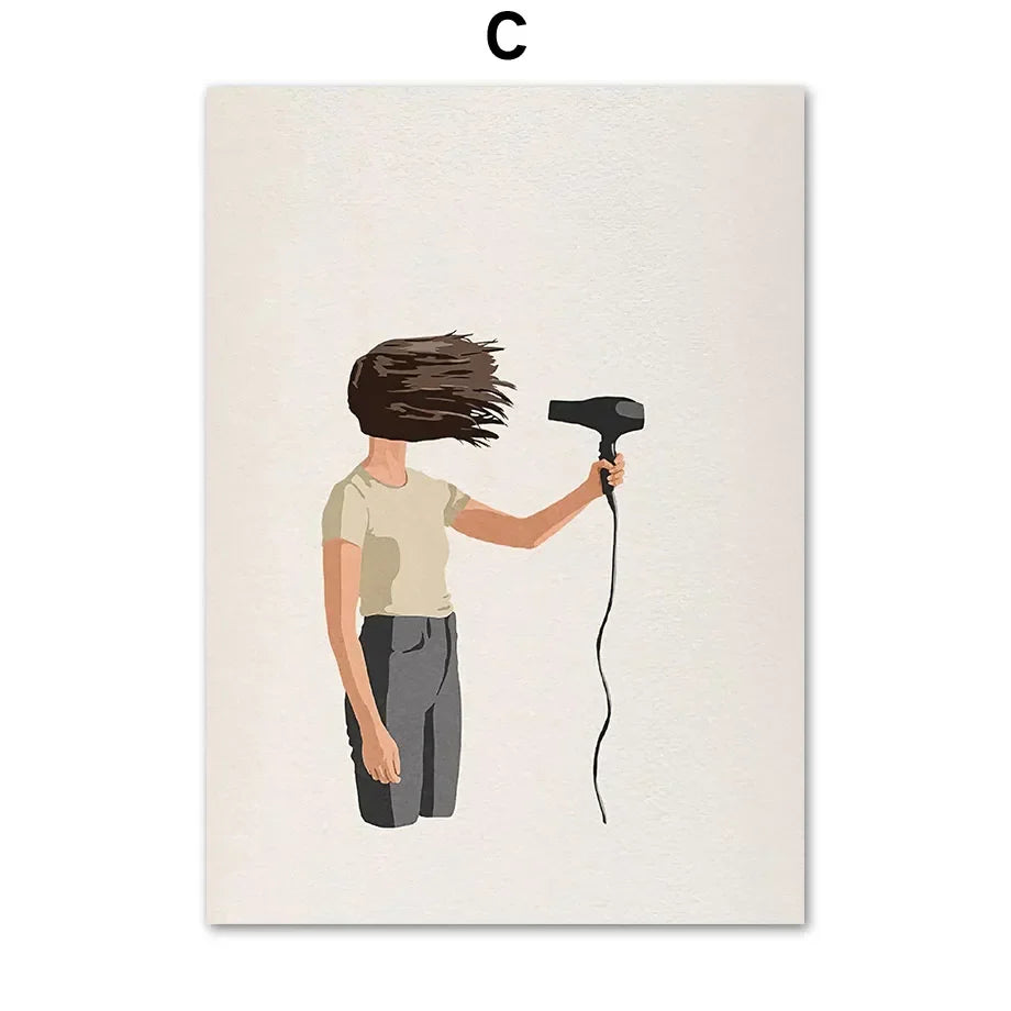 Black hairdryer with sleek modern design and coiled cord featured alongside DecorBites™ laundry girl wall art canvas painting