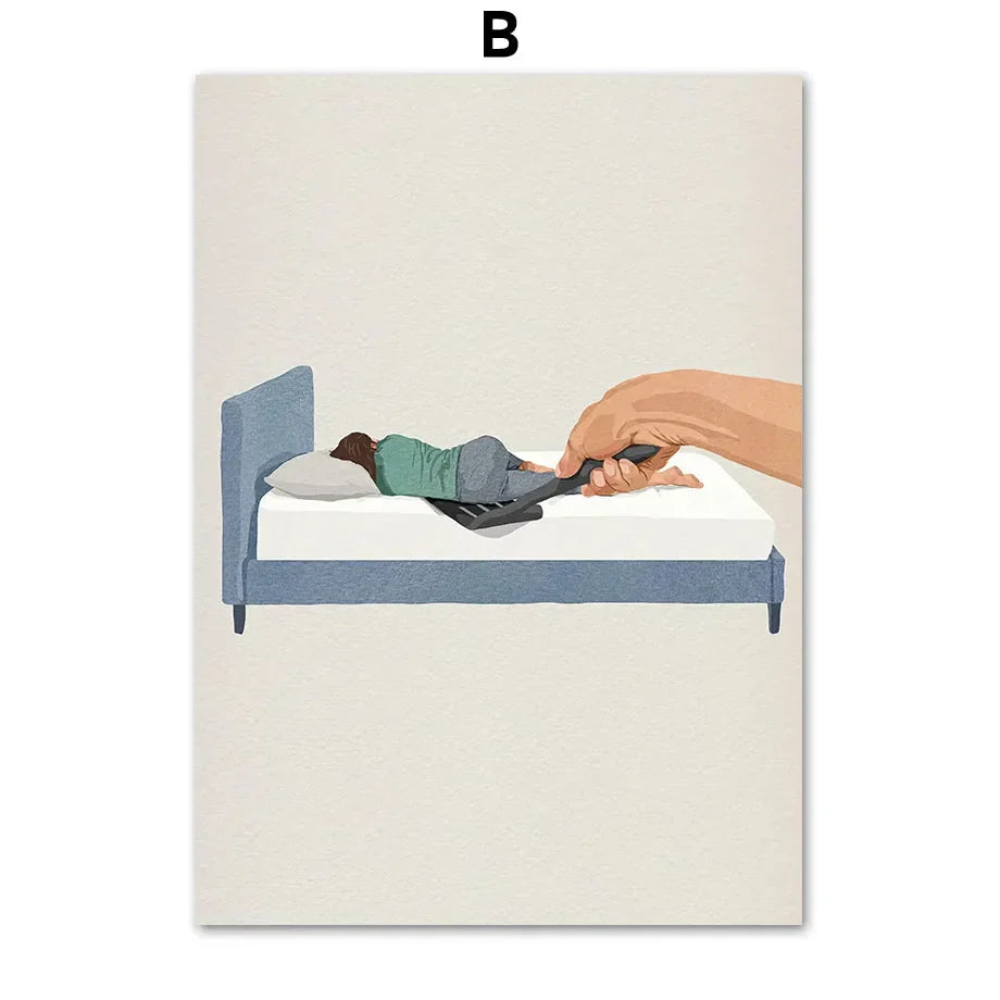 Illustration of a hand holding a black remote over a bed with laundry girl nordic wall art canvas painting by DecorBites