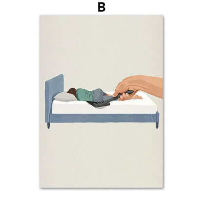 Illustration of a hand holding a black remote over a bed with laundry girl nordic wall art canvas painting by DecorBites