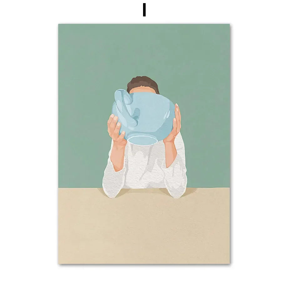 A light blue ceramic pitcher with a smooth rounded body and curved handle featured in decorbites laundry girl wall art print