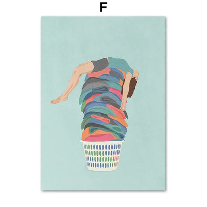 A decorbites™ laundry girl wall art print featuring a stylized canvas painting of a person in a colorful laundry basket