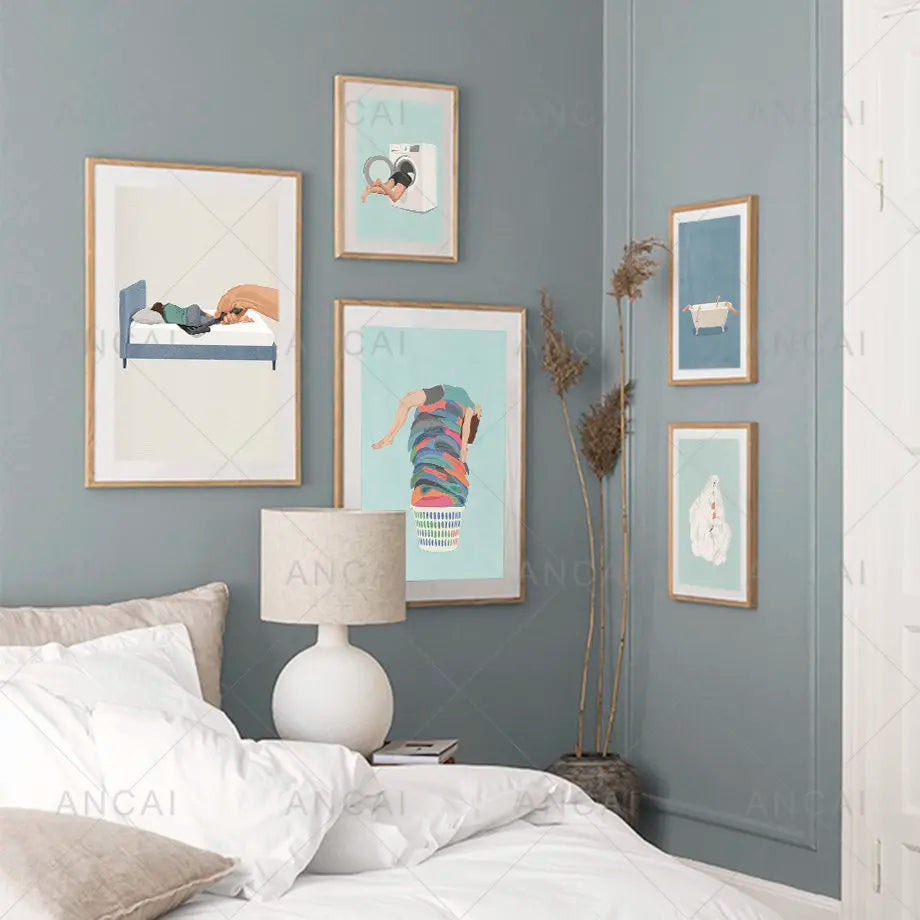 Set of five colorful laundry girl wall art prints with minimalist wooden frames on light blue backgrounds for decor
