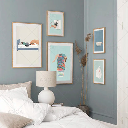 Set of five colorful laundry girl wall art prints with minimalist wooden frames on light blue backgrounds for decor