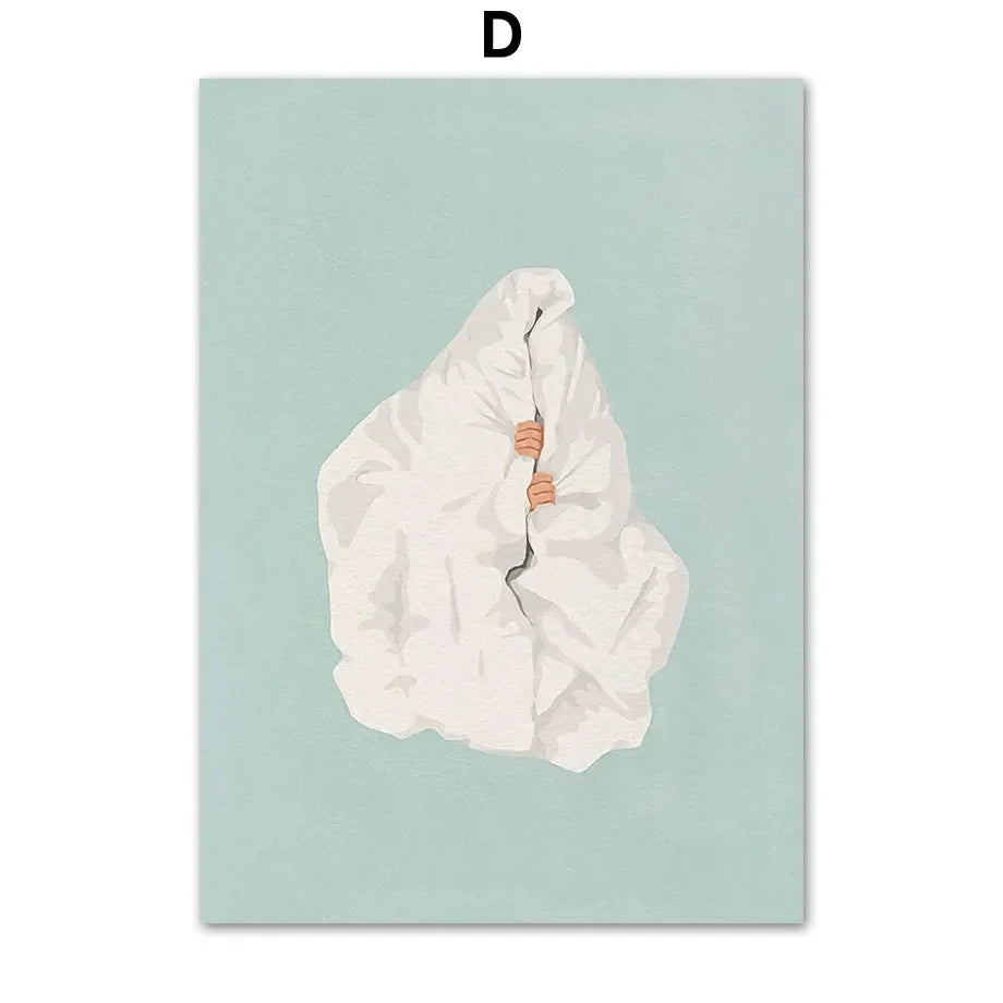 Decorbites laundry girl nordic wall art canvas painting features an off-white textured blanket held by two small hands