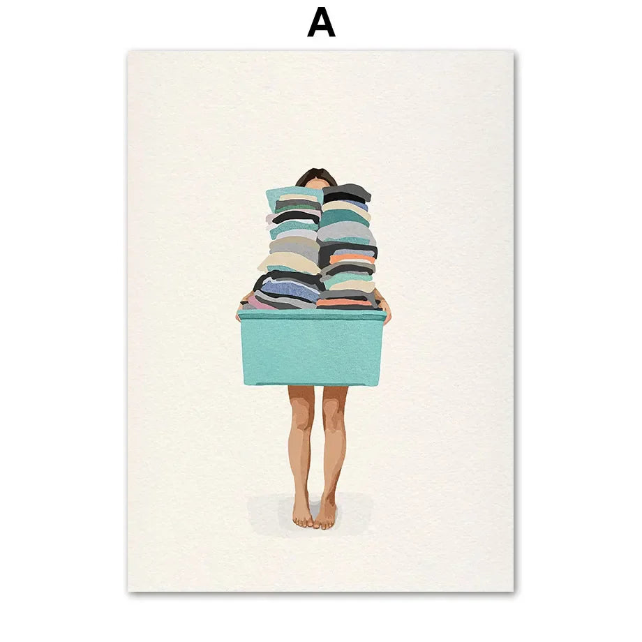 DecorBites™ laundry girl wall art canvas painting featuring a turquoise bin overflowing with colorful folded clothes