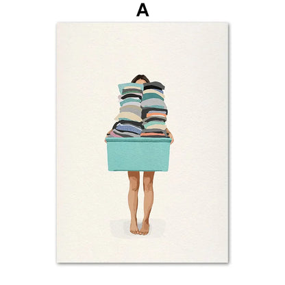 DecorBites™ laundry girl wall art canvas painting featuring a turquoise bin overflowing with colorful folded clothes