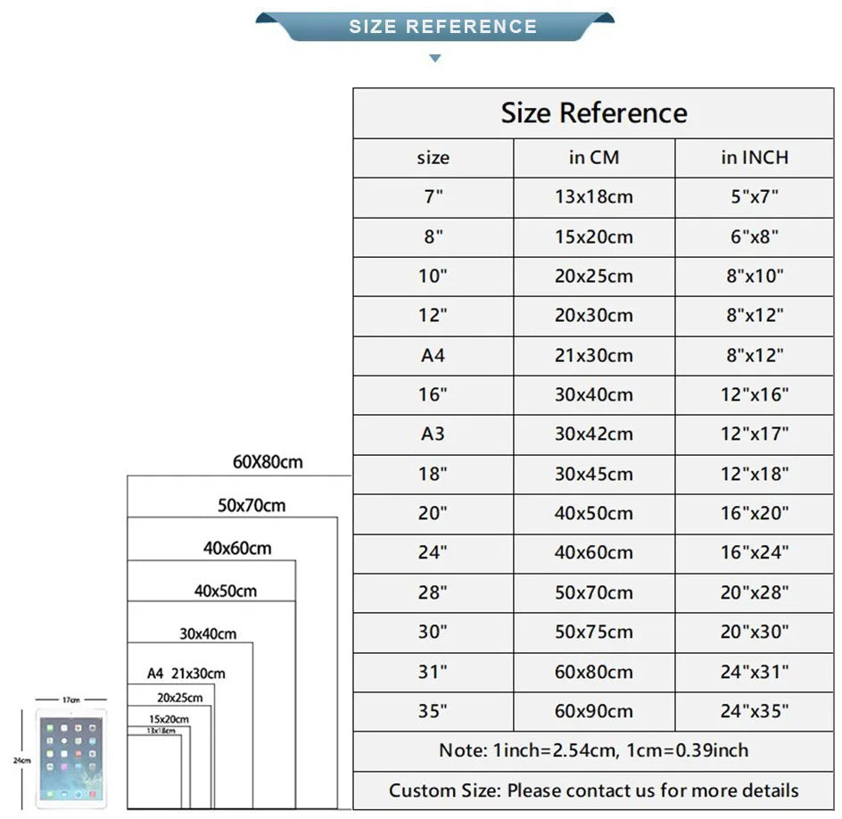 Size reference chart showing paper dimensions in cm and inches with tablet scale for DecorBites laundry girl wall art canvas painting