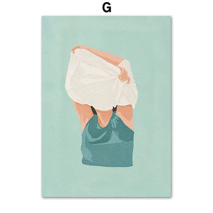 Decorbites™ laundry girl minimalist canvas painting featuring a person in teal tank top with white cloth wall art