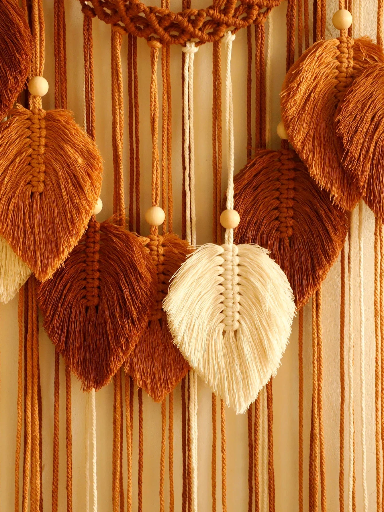 Decorbites™ leaf macrame wall hanging with handcrafted brown and cream woven yarn leaves and fringe for boho decor
