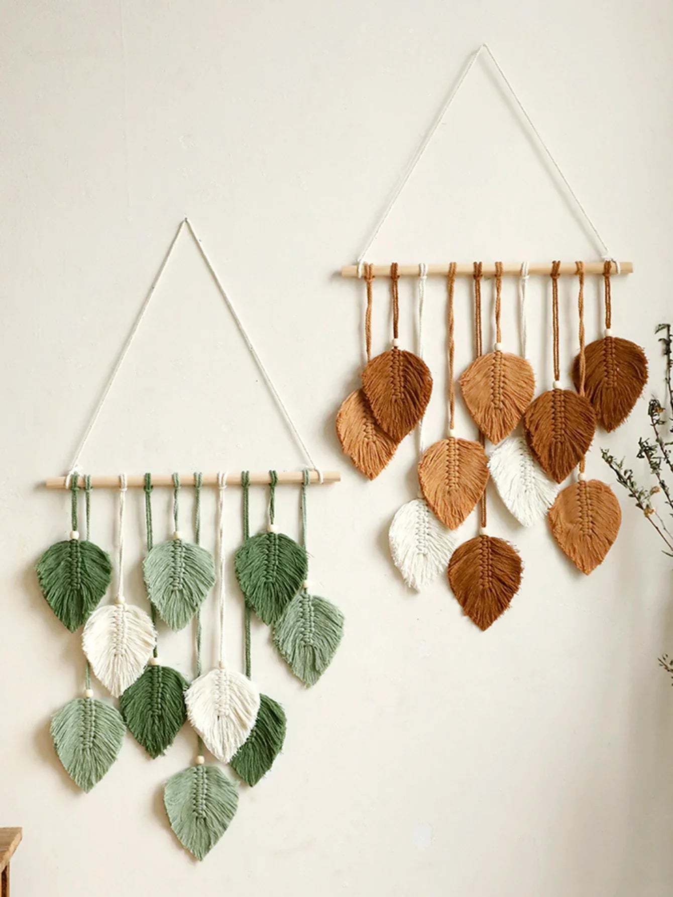 Decorbites™ leaf macrame wall hanging in earthy green, beige, and white tones for boho home decor and living room accents