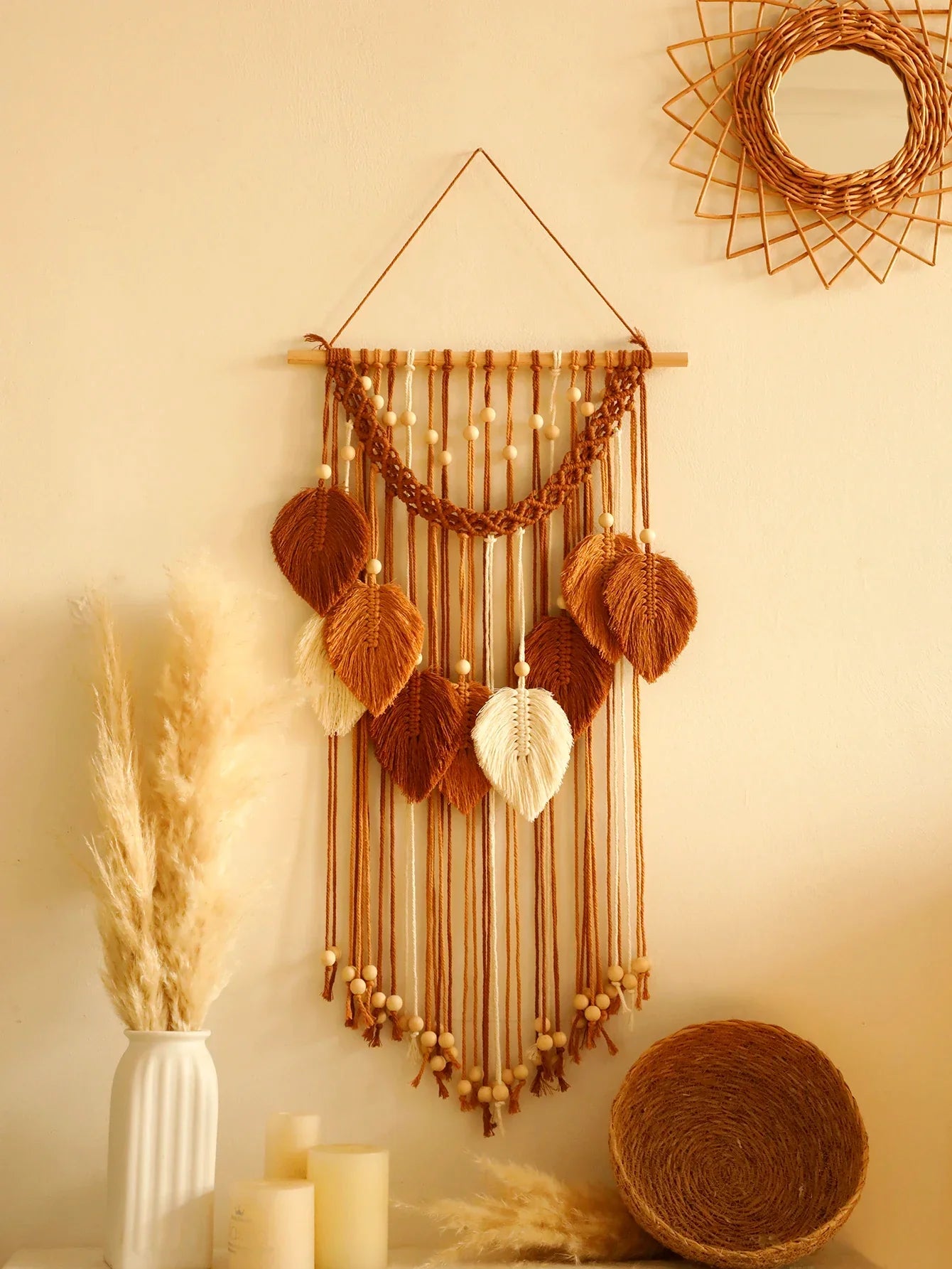 Decorbites™ leaf macrame wall hanging in earthy brown and cream tones with woven leaves and wooden beads for boho decor