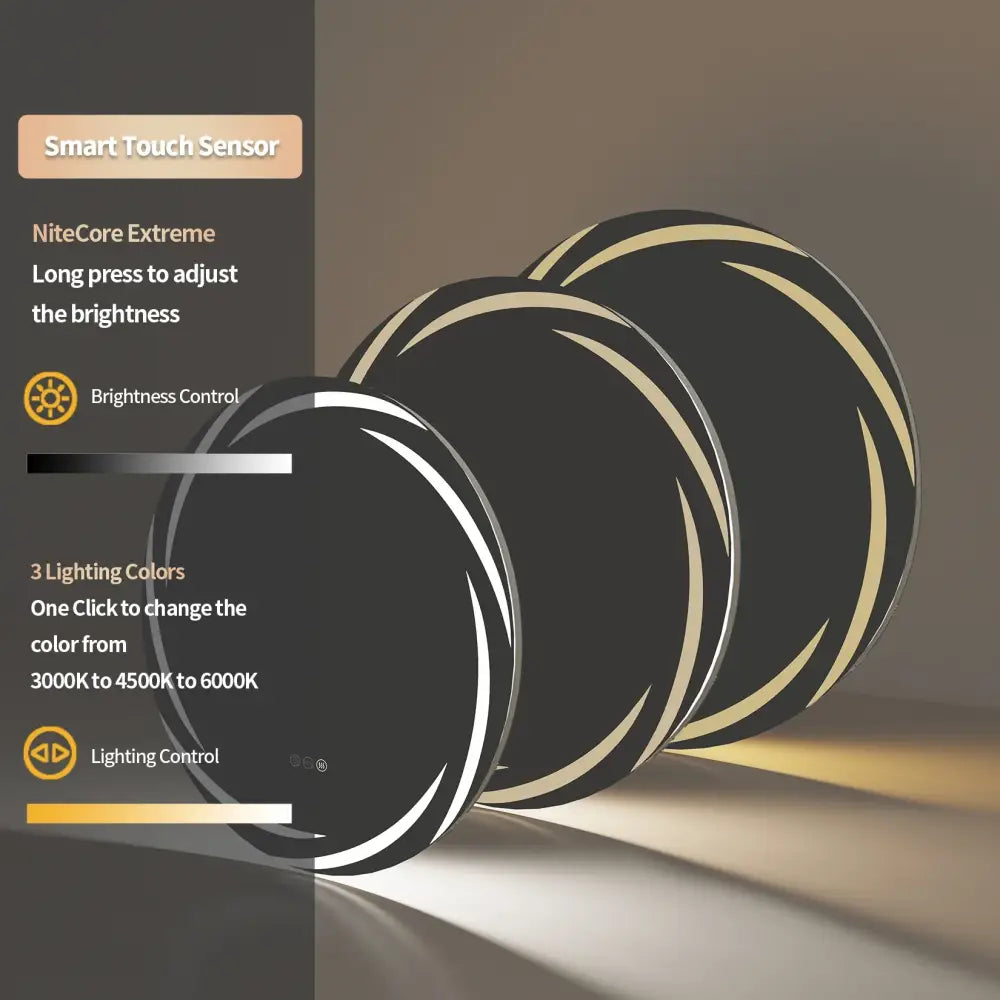 Decorbites™ led backlit round bathroom vanity mirror with black circular smart touch sensor and adjustable brightness