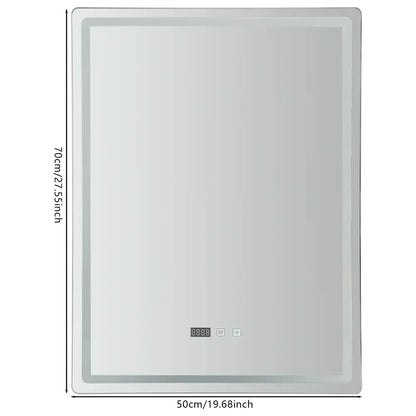Silver-framed rectangular LED bathroom mirror with integrated digital display and control buttons for adjustable brightness