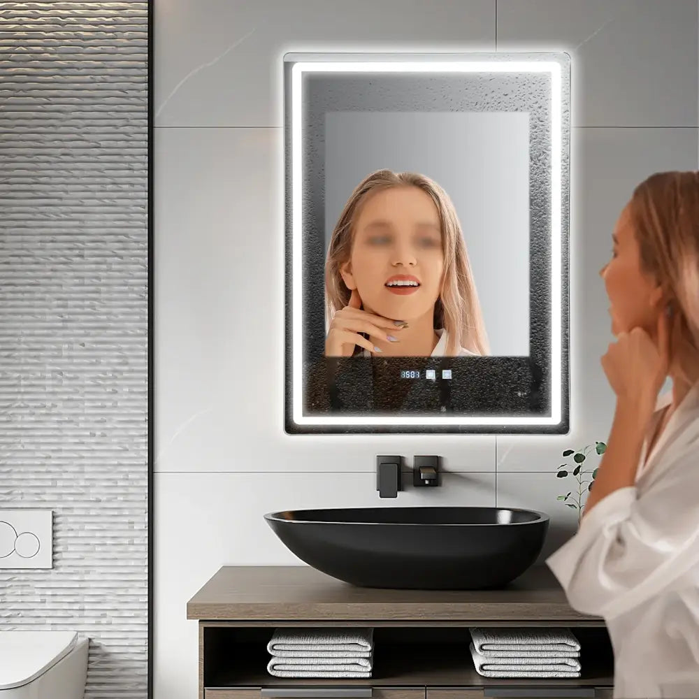A sleek decorbites™ led bathroom mirror with glowing led frame, digital time display, adjustable brightness, and anti-fog feature